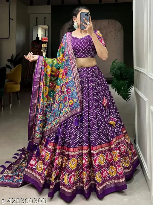 VELOMI Purple Tussar Silk Lehenga Choli – Bandhej & Patola Print with Foil Work
