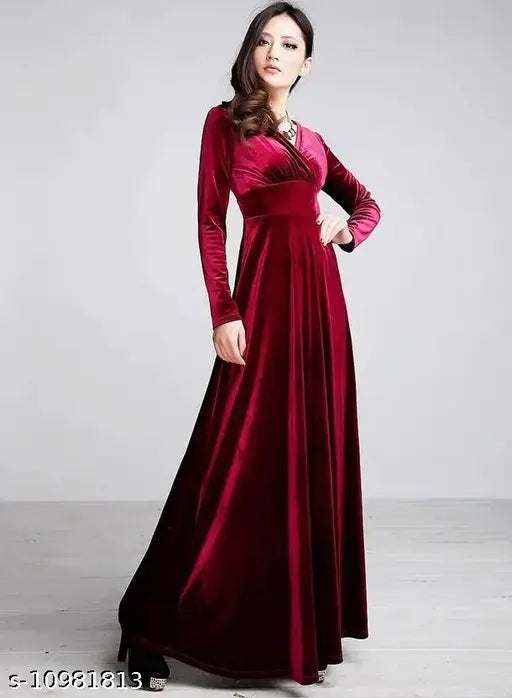 Maroon V-Neck Velvet Long Dress Long Dress