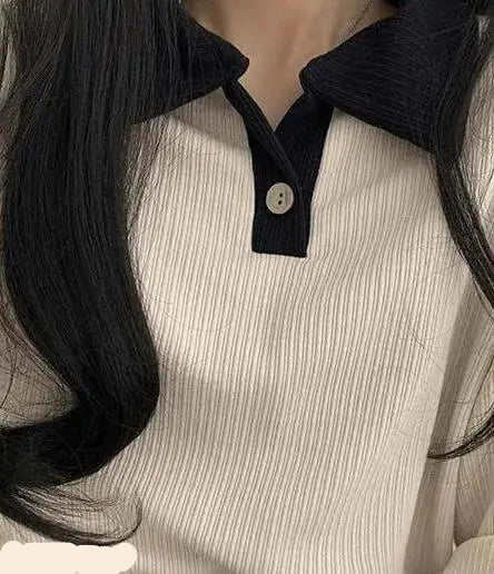 VELOMI Women’s Korean Style Polo T-Shirt – Long Sleeve Casual Summer Top with Stylish Design