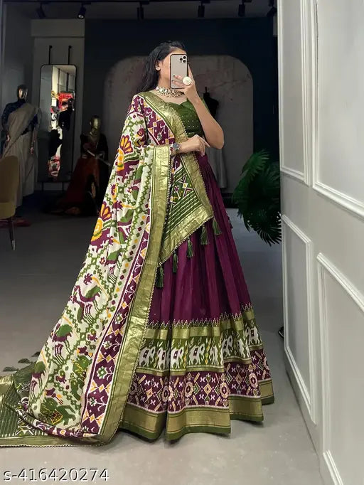 VELOMI Designer Dola Silk Lehenga – Patola Weave with Hathi Motifs
