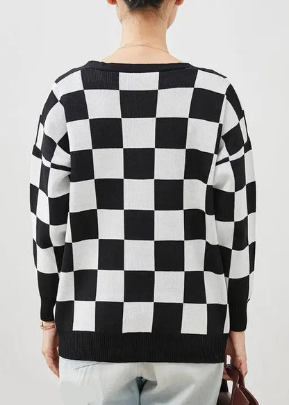 Women's Casual Contrast Checkerboard Oversized Drop Shoulder Sweater, Autumn/Winter